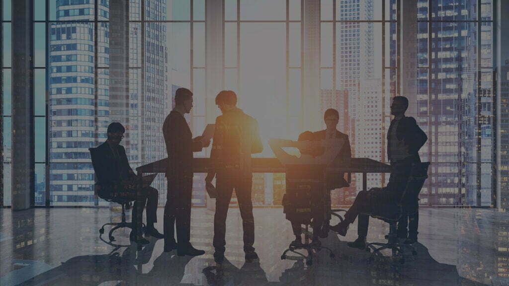 Meeting room. Group of business people around a table discussing work issues. Dawn. 3d rendering. Toned image. Double exposure